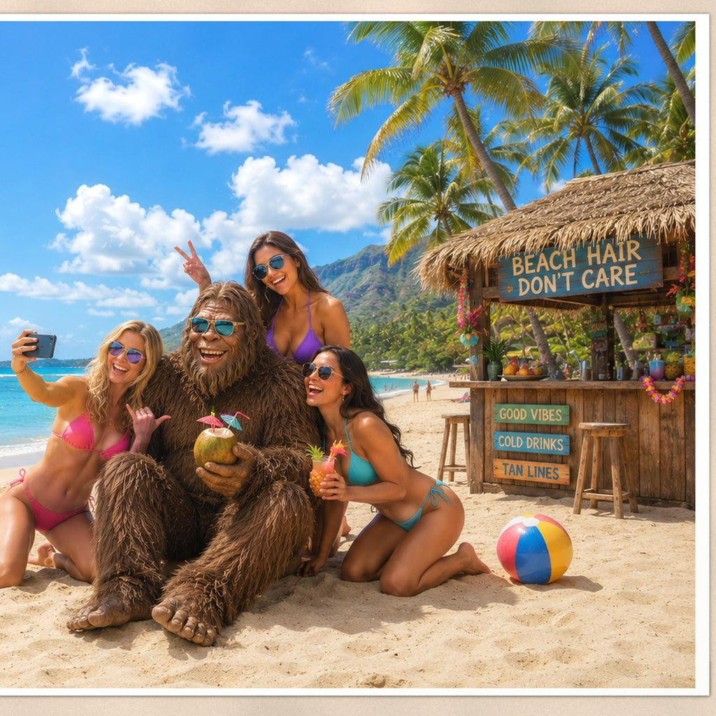 Beach Selfie Bigfoot — 36x24 in art print poster, premium luster paper with a white border; close-up framed on the main subject of the artwork, paper surface visible.