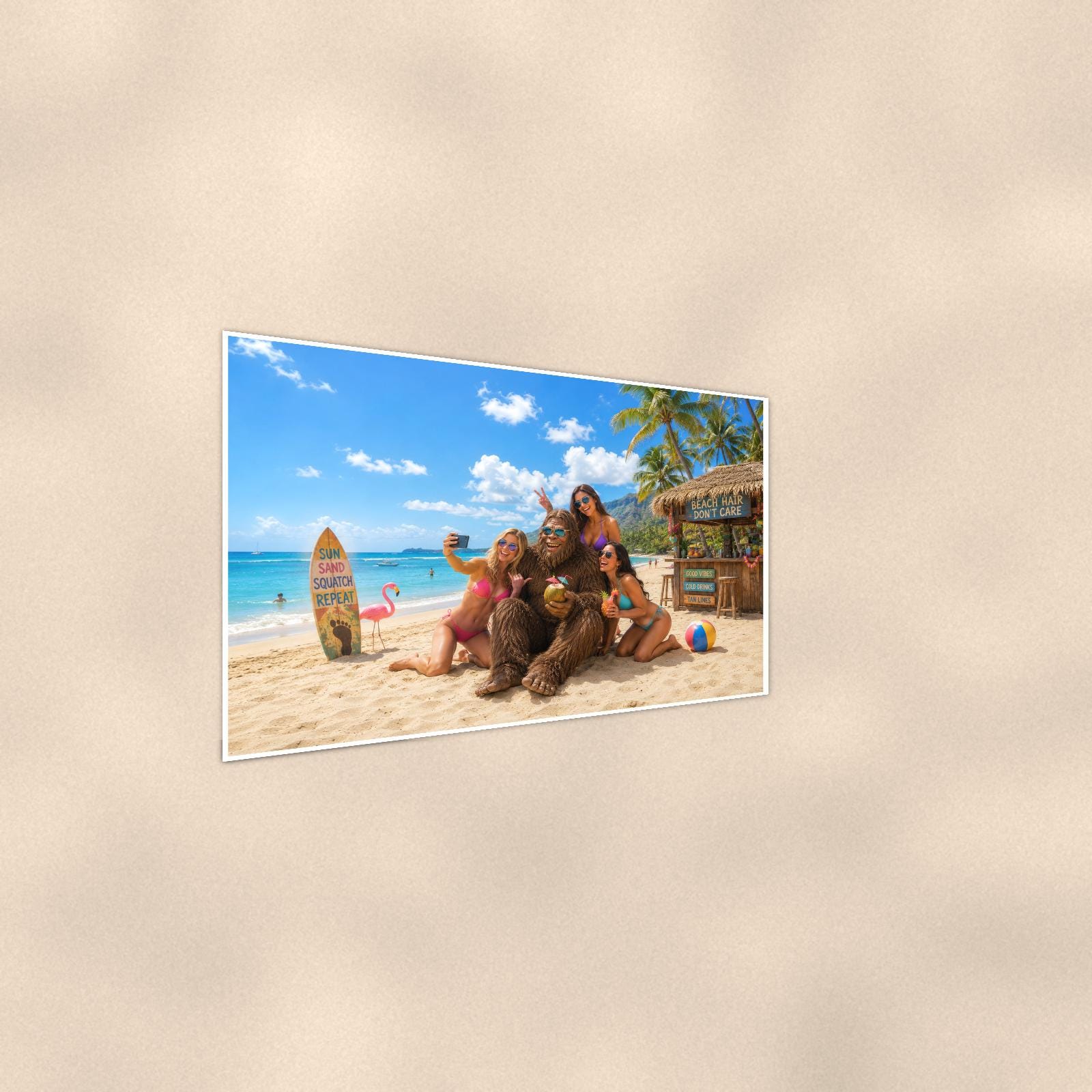 Beach Selfie Bigfoot — 36x24 in art print poster, premium luster paper with a white border; steeper three-quarter angle on a warm wall, catching the luster sheen.