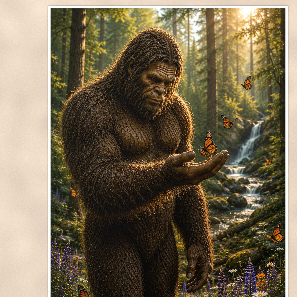 Smartphone Bigfoot — 24x36 in art print poster, premium luster paper with a white border; close-up framed on the main subject of the artwork, paper surface visible.