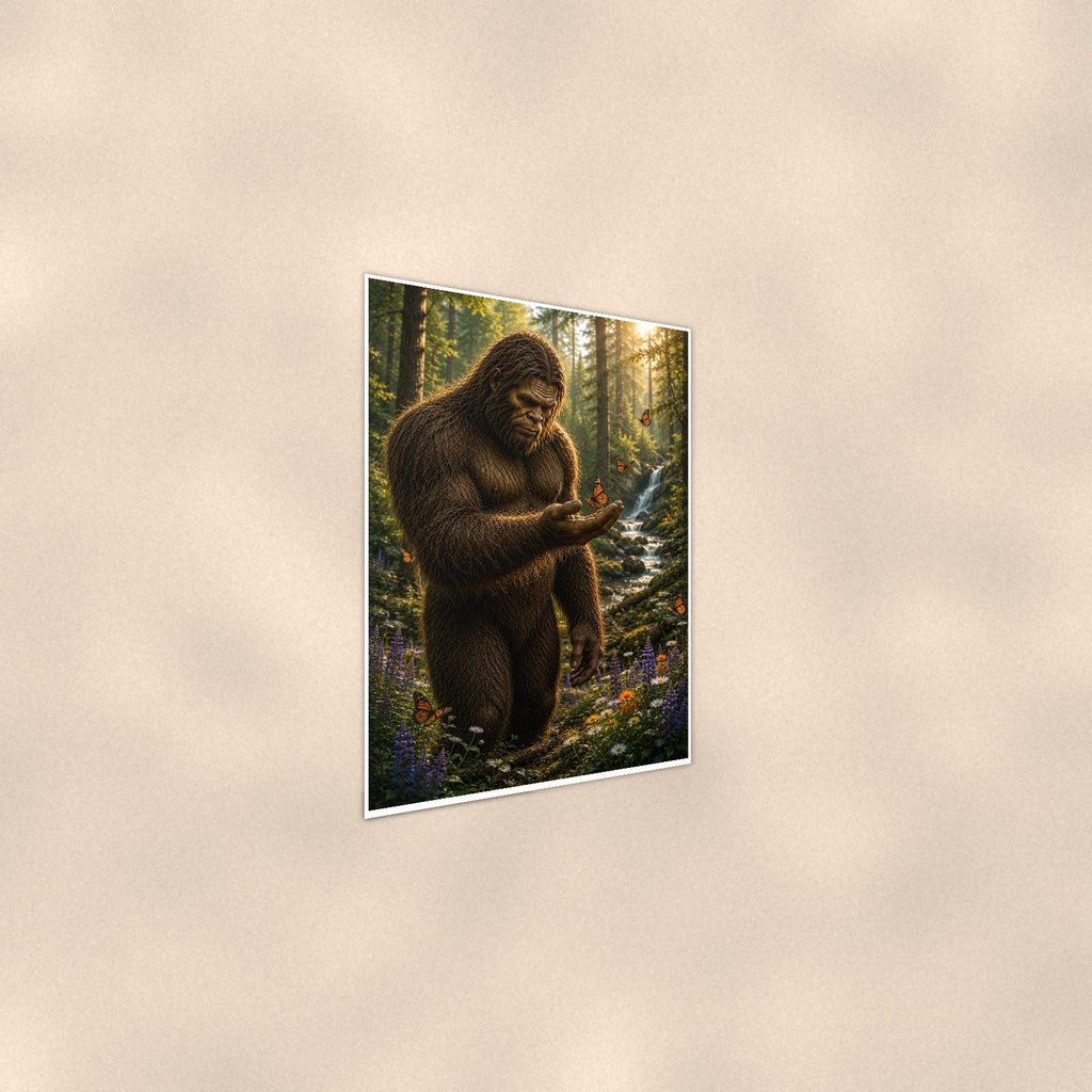 Smartphone Bigfoot — 24x36 in art print poster, premium luster paper with a white border; steeper three-quarter angle on a warm wall, catching the luster sheen.