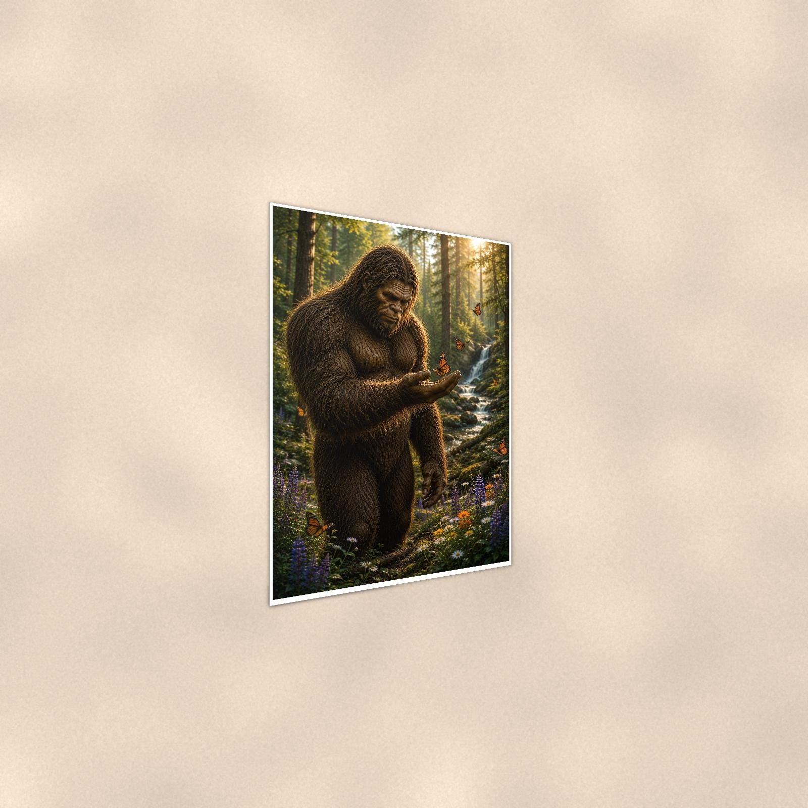 Smartphone Bigfoot — 24x36 in art print poster, premium luster paper with a white border; steeper three-quarter angle on a warm wall, catching the luster sheen.