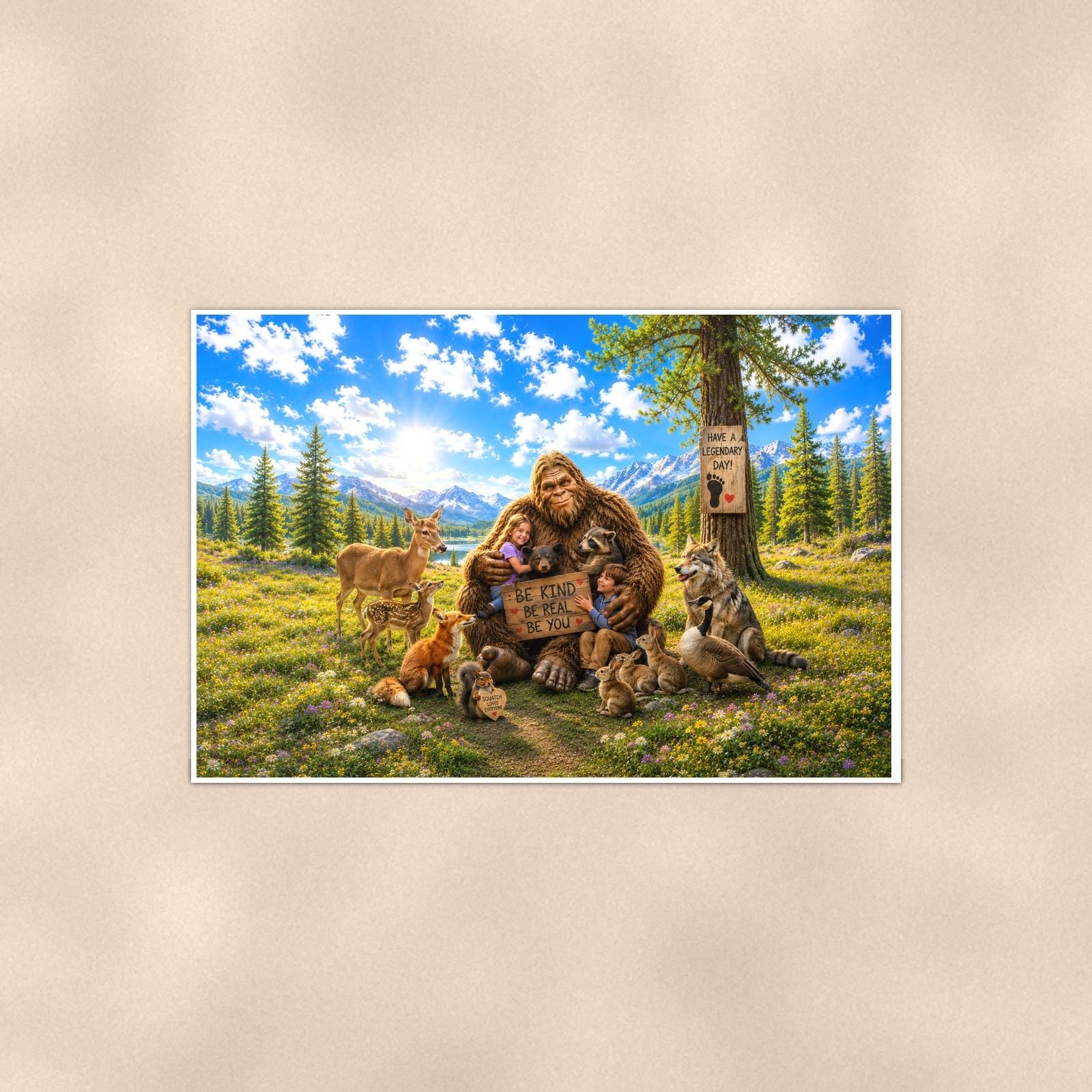 Petting Zoo Bigfoot — 36x24 in art print poster, premium luster paper with a white border; poster shown straight on against a warm wall.