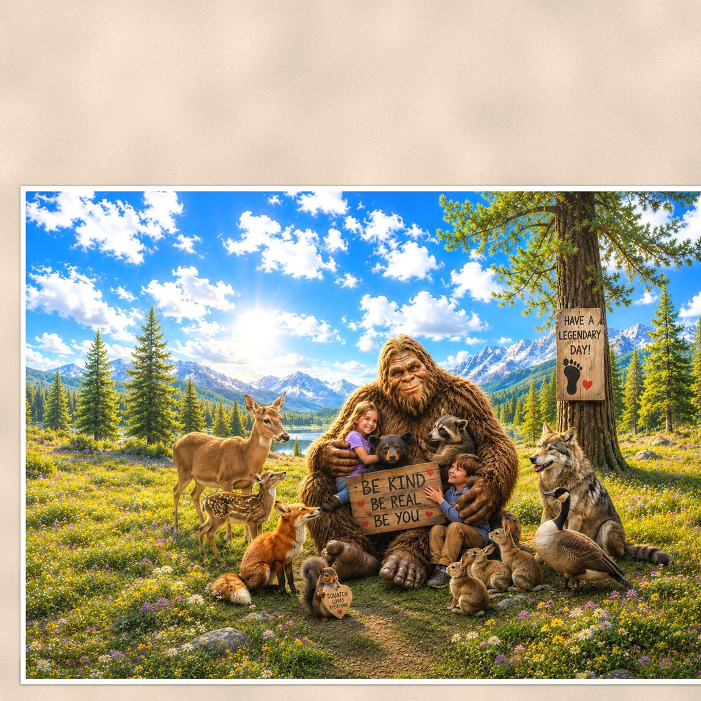 Petting Zoo Bigfoot — 36x24 in art print poster, premium luster paper with a white border; close-up framed on the main subject of the artwork, paper surface visible.