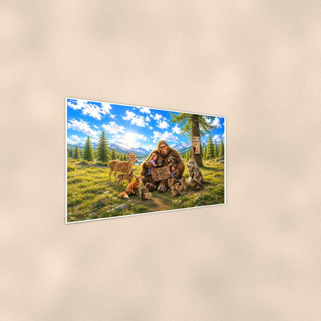 Petting Zoo Bigfoot — 36x24 in art print poster, premium luster paper with a white border; steeper three-quarter angle on a warm wall, catching the luster sheen.