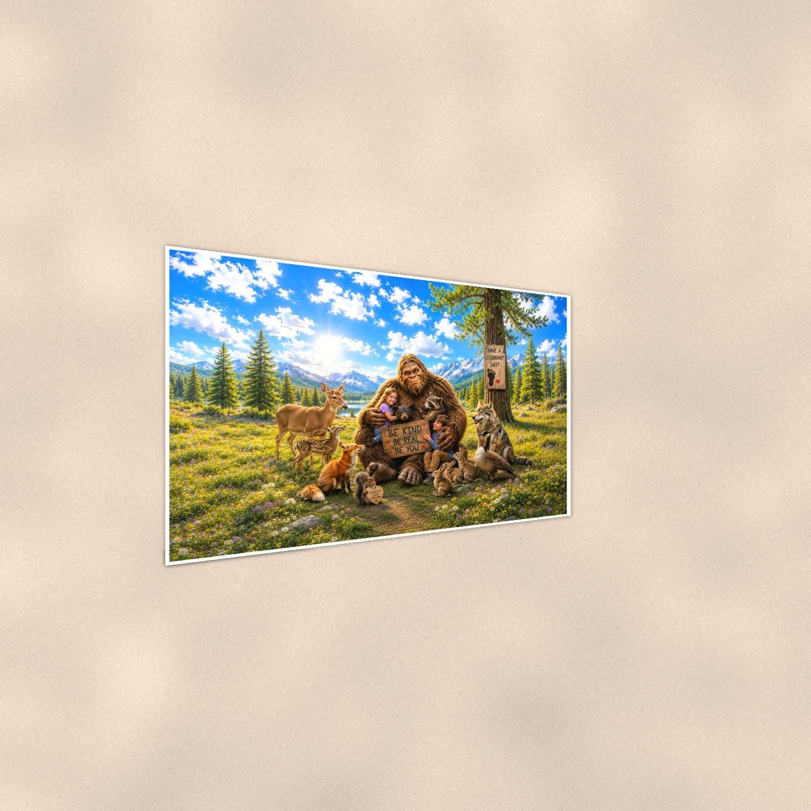 Petting Zoo Bigfoot — 36x24 in art print poster, premium luster paper with a white border; steeper three-quarter angle on a warm wall, catching the luster sheen.