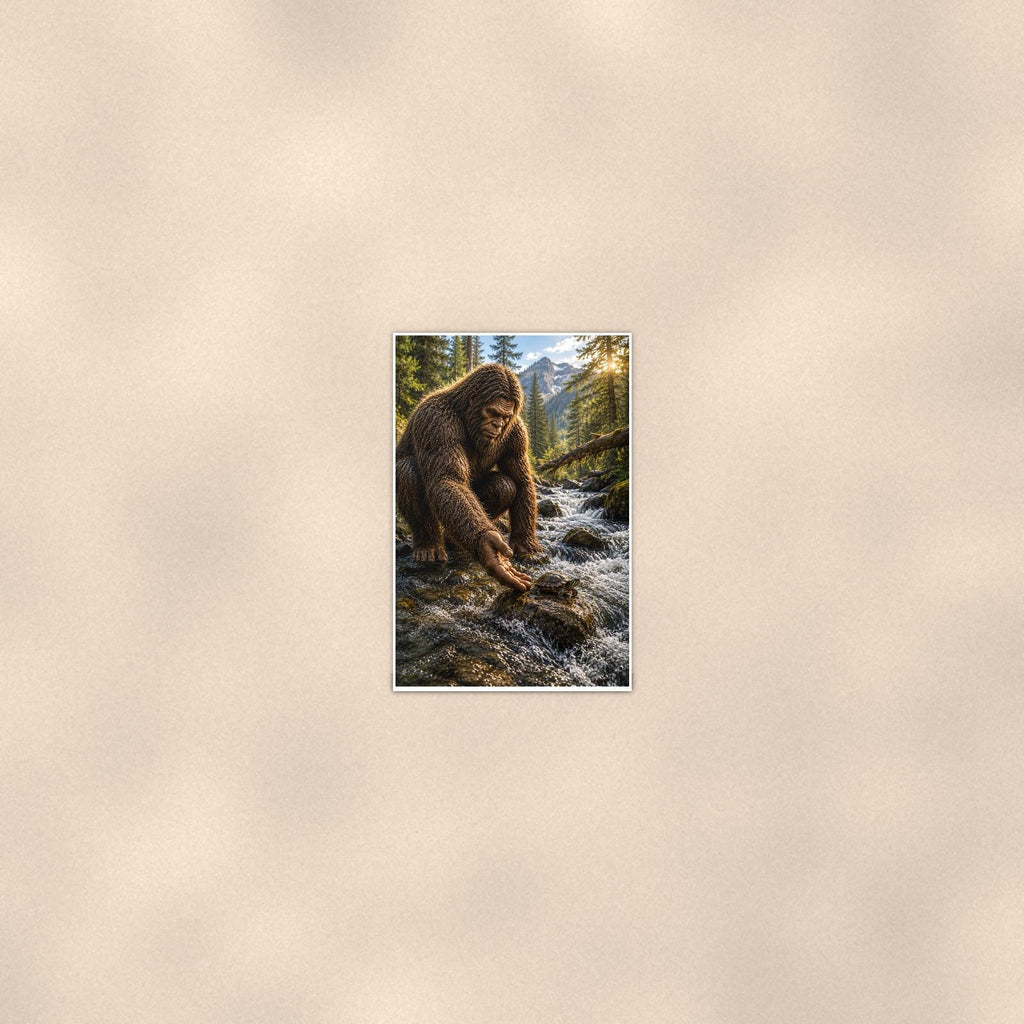 Gold Panning Bigfoot — 24x36 in art print poster, premium luster paper with a white border; poster seen from further back, at true 24x36 in scale on a warm wall.