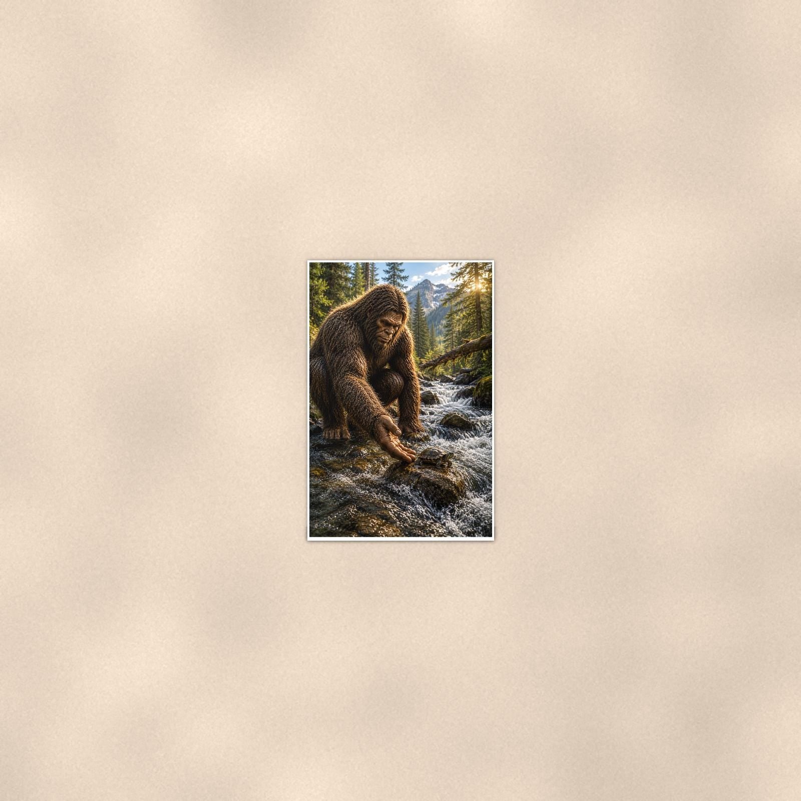 Gold Panning Bigfoot — 24x36 in art print poster, premium luster paper with a white border; poster seen from further back, at true 24x36 in scale on a warm wall.