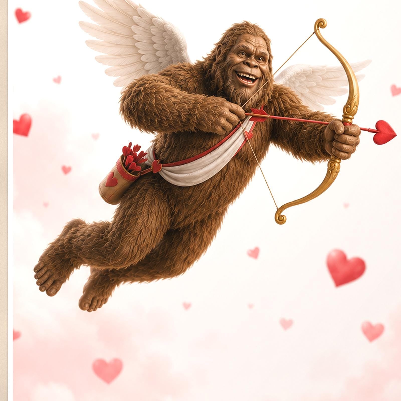 Valentine’s Bigfoot — 24x36 in art print poster, premium luster paper with a white border; close-up framed on the main subject of the artwork, paper surface visible.