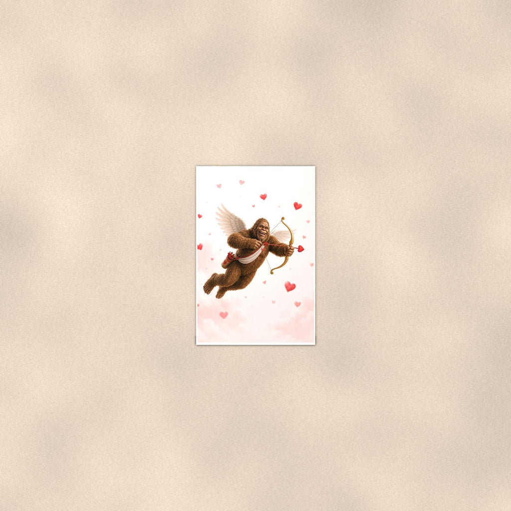 Valentine’s Bigfoot — 24x36 in art print poster, premium luster paper with a white border; poster seen from further back, at true 24x36 in scale on a warm wall.