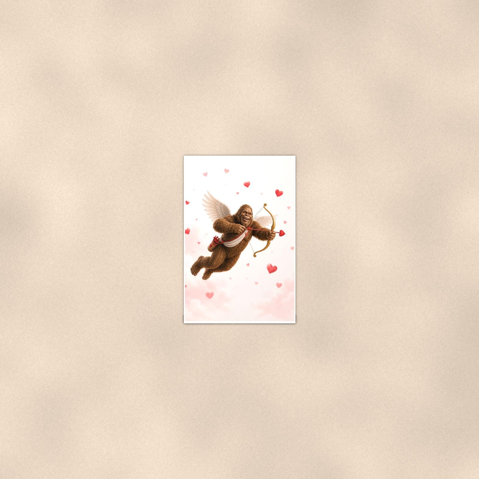 Valentine’s Bigfoot — 24x36 in art print poster, premium luster paper with a white border; poster seen from further back, at true 24x36 in scale on a warm wall.