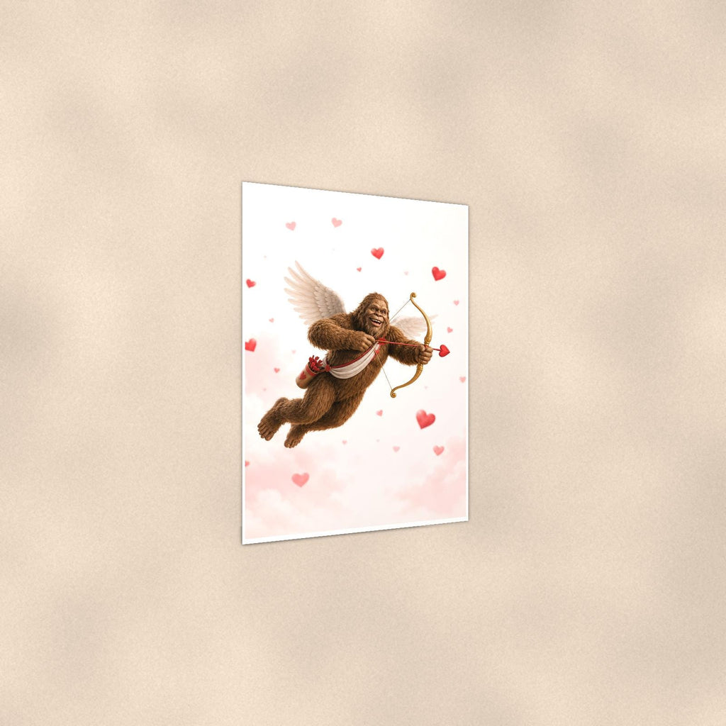 Valentine’s Bigfoot — 24x36 in art print poster, premium luster paper with a white border; gentle three-quarter angle on a warm wall, showing the flat paper edge.