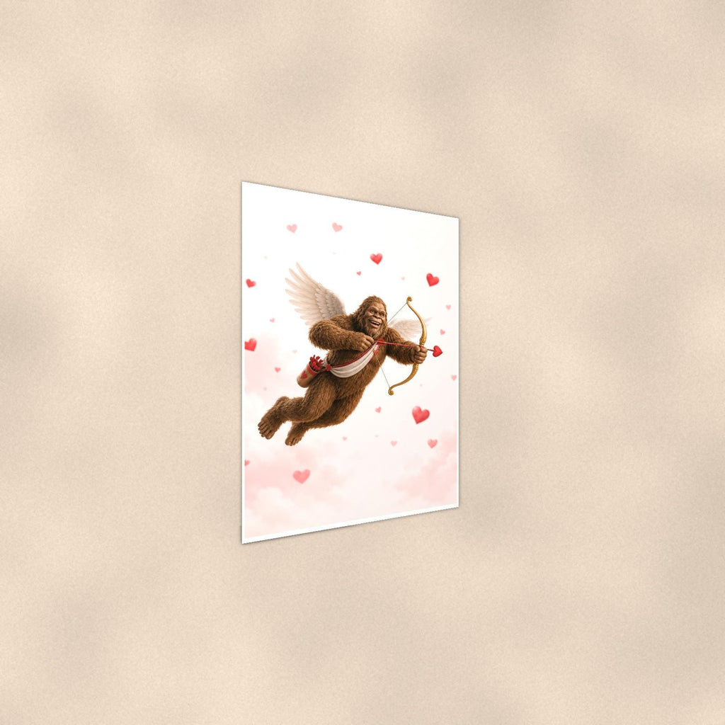 Valentine’s Bigfoot — 24x36 in art print poster, premium luster paper with a white border; steeper three-quarter angle on a warm wall, catching the luster sheen.