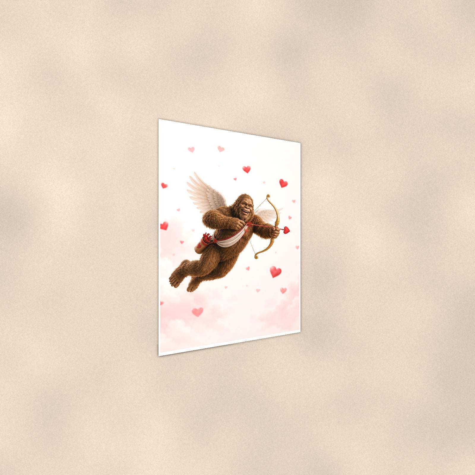 Valentine’s Bigfoot — 24x36 in art print poster, premium luster paper with a white border; steeper three-quarter angle on a warm wall, catching the luster sheen.