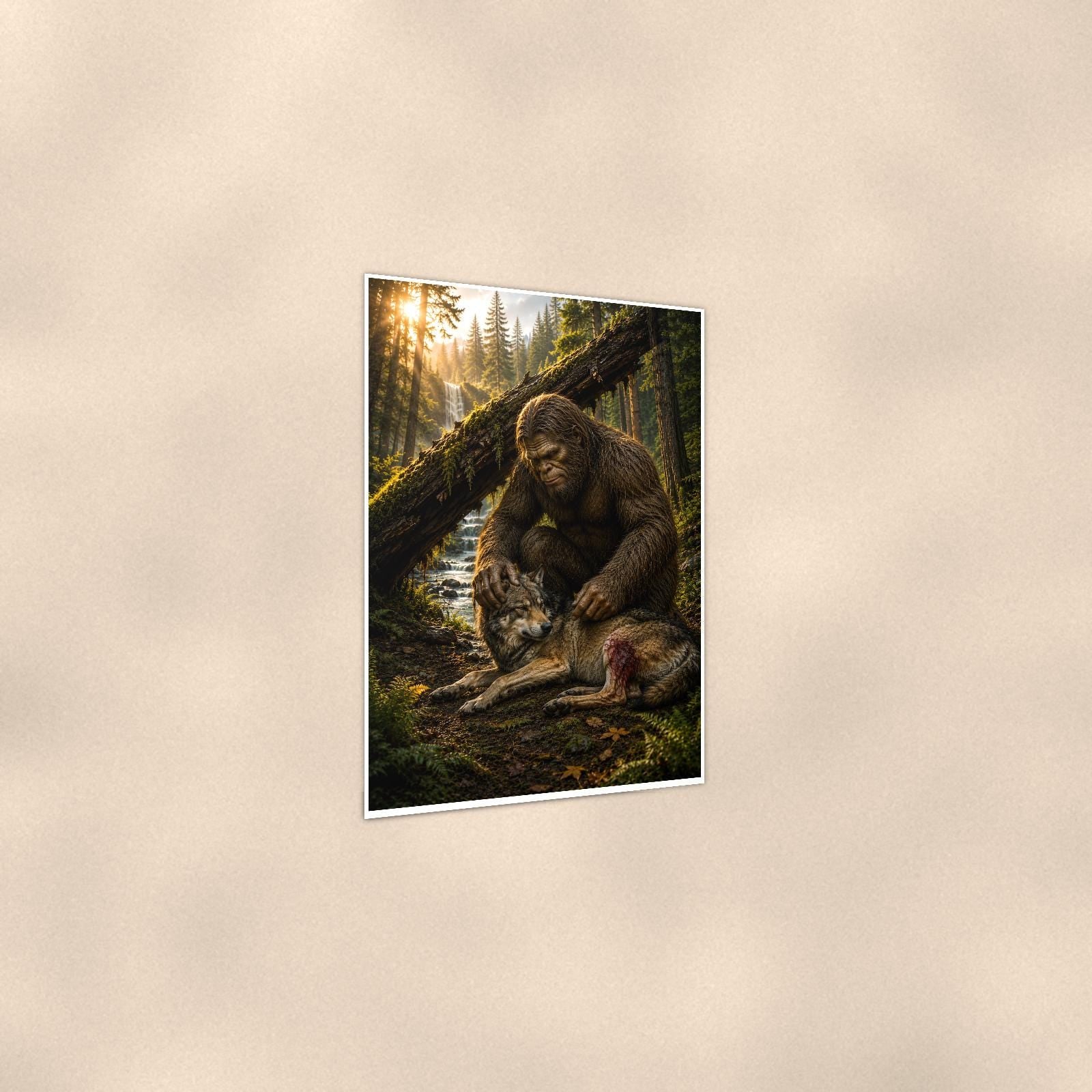 Wolf Pup Log Bigfoot — 24x36 in art print poster, premium luster paper with a white border; gentle three-quarter angle on a warm wall, showing the flat paper edge.