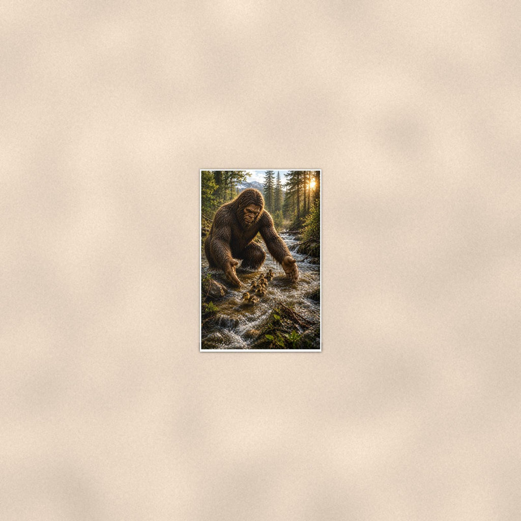 Creek Cubs Bigfoot — 24x36 in art print poster, premium luster paper with a white border; poster seen from further back, at true 24x36 in scale on a warm wall.