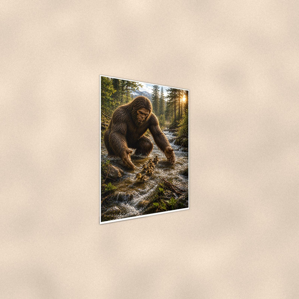 Creek Cubs Bigfoot — 24x36 in art print poster, premium luster paper with a white border; steeper three-quarter angle on a warm wall, catching the luster sheen.