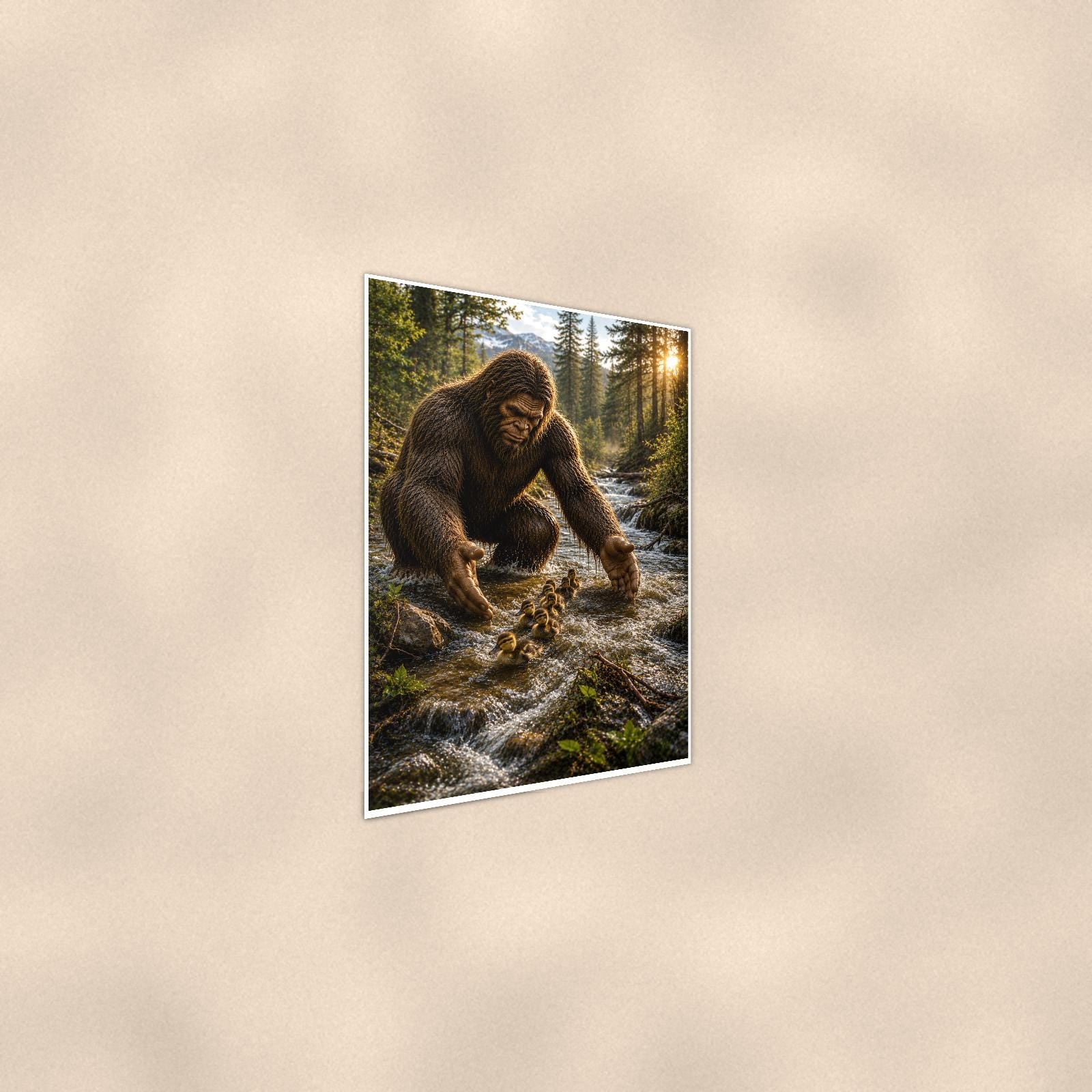 Creek Cubs Bigfoot — 24x36 in art print poster, premium luster paper with a white border; steeper three-quarter angle on a warm wall, catching the luster sheen.