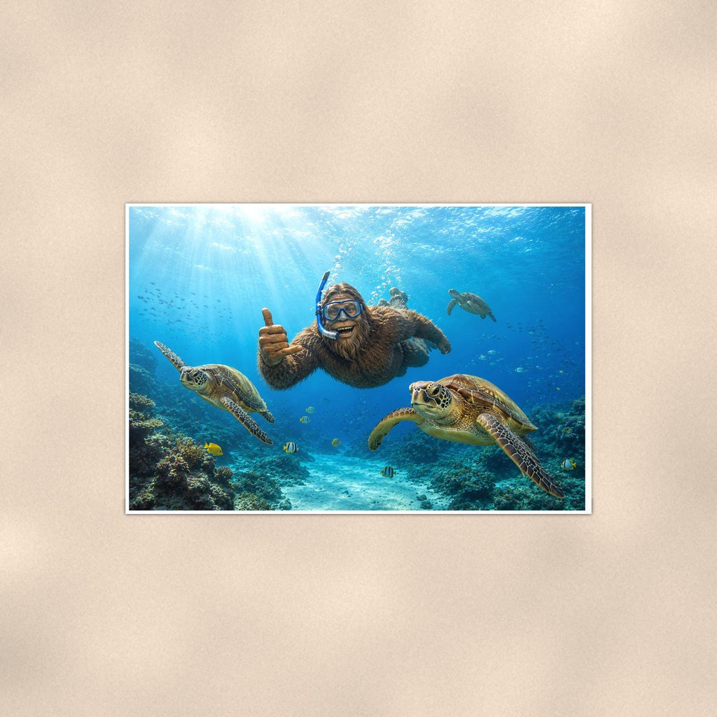Scuba Bigfoot with Sea Turtles — 36x24 in art print poster, premium luster paper with a white border; poster shown straight on against a warm wall.