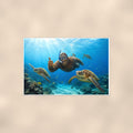 Scuba Bigfoot with Sea Turtles — 36x24 in art print poster, premium luster paper with a white border; poster shown straight on against a warm wall.