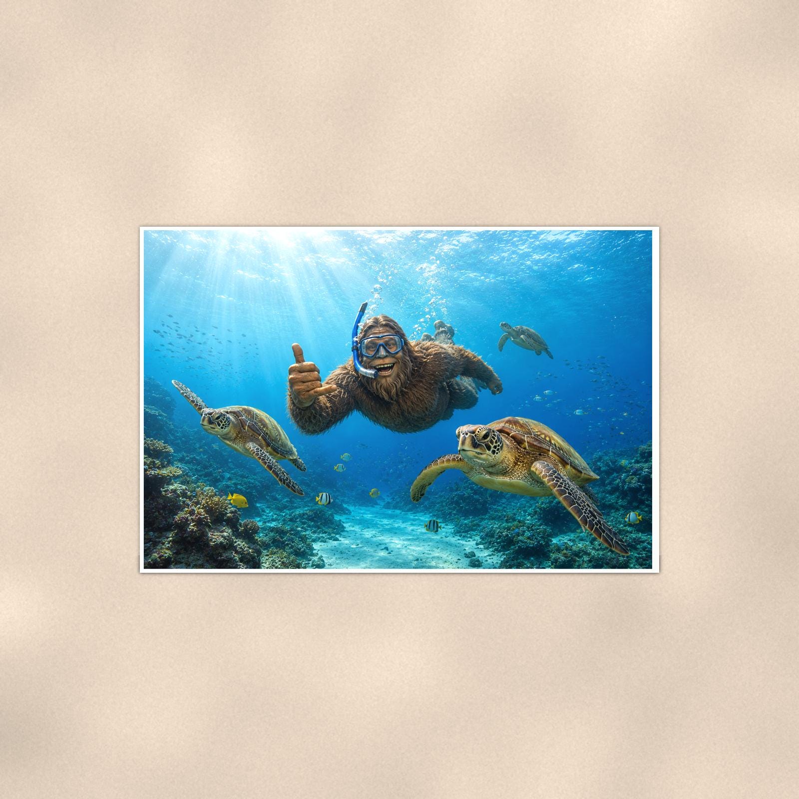 Scuba Bigfoot with Sea Turtles — 36x24 in art print poster, premium luster paper with a white border; poster shown straight on against a warm wall.