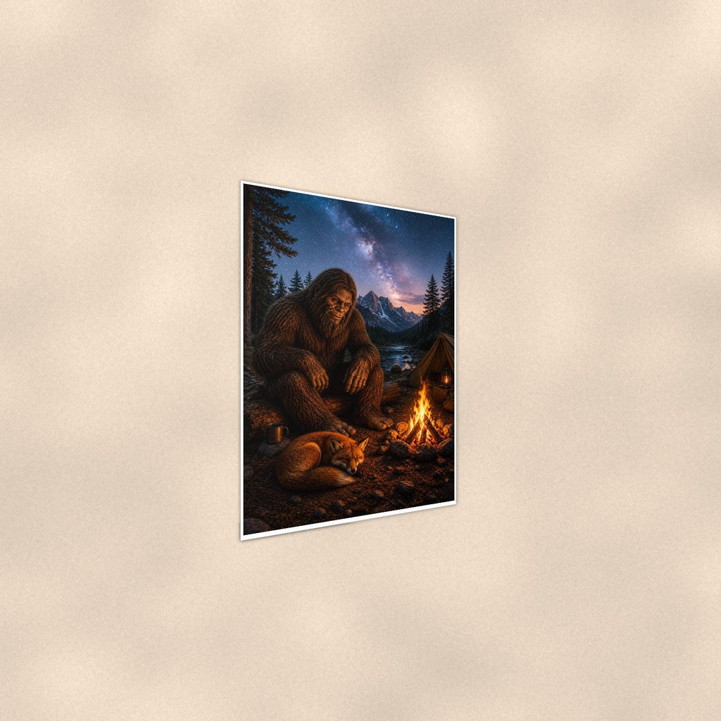Milky Way Campfire Bigfoot — 24x36 in art print poster, premium luster paper with a white border; steeper three-quarter angle on a warm wall, catching the luster sheen.