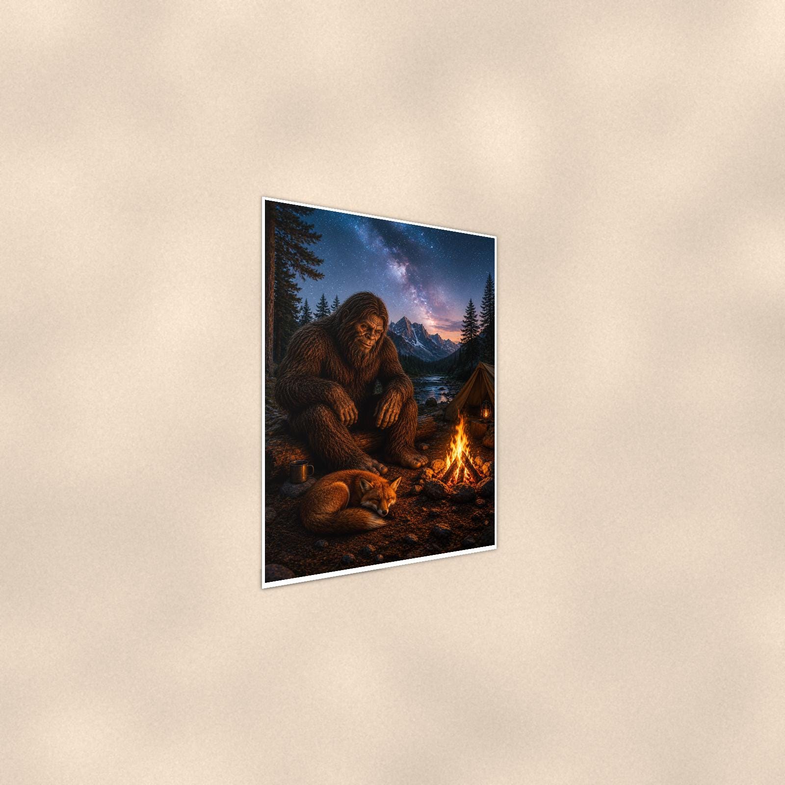 Milky Way Campfire Bigfoot — 24x36 in art print poster, premium luster paper with a white border; steeper three-quarter angle on a warm wall, catching the luster sheen.