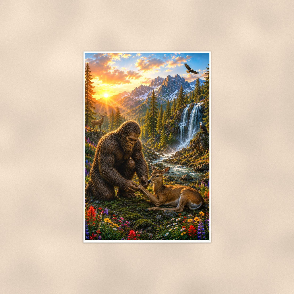 Waterfall Deer Bigfoot — 24x36 in art print poster, premium luster paper with a white border; poster shown straight on against a warm wall.