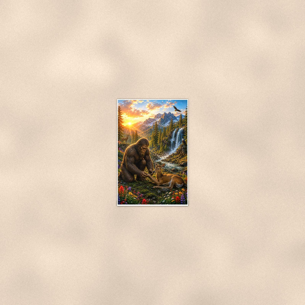 Waterfall Deer Bigfoot — 24x36 in art print poster, premium luster paper with a white border; poster seen from further back, at true 24x36 in scale on a warm wall.