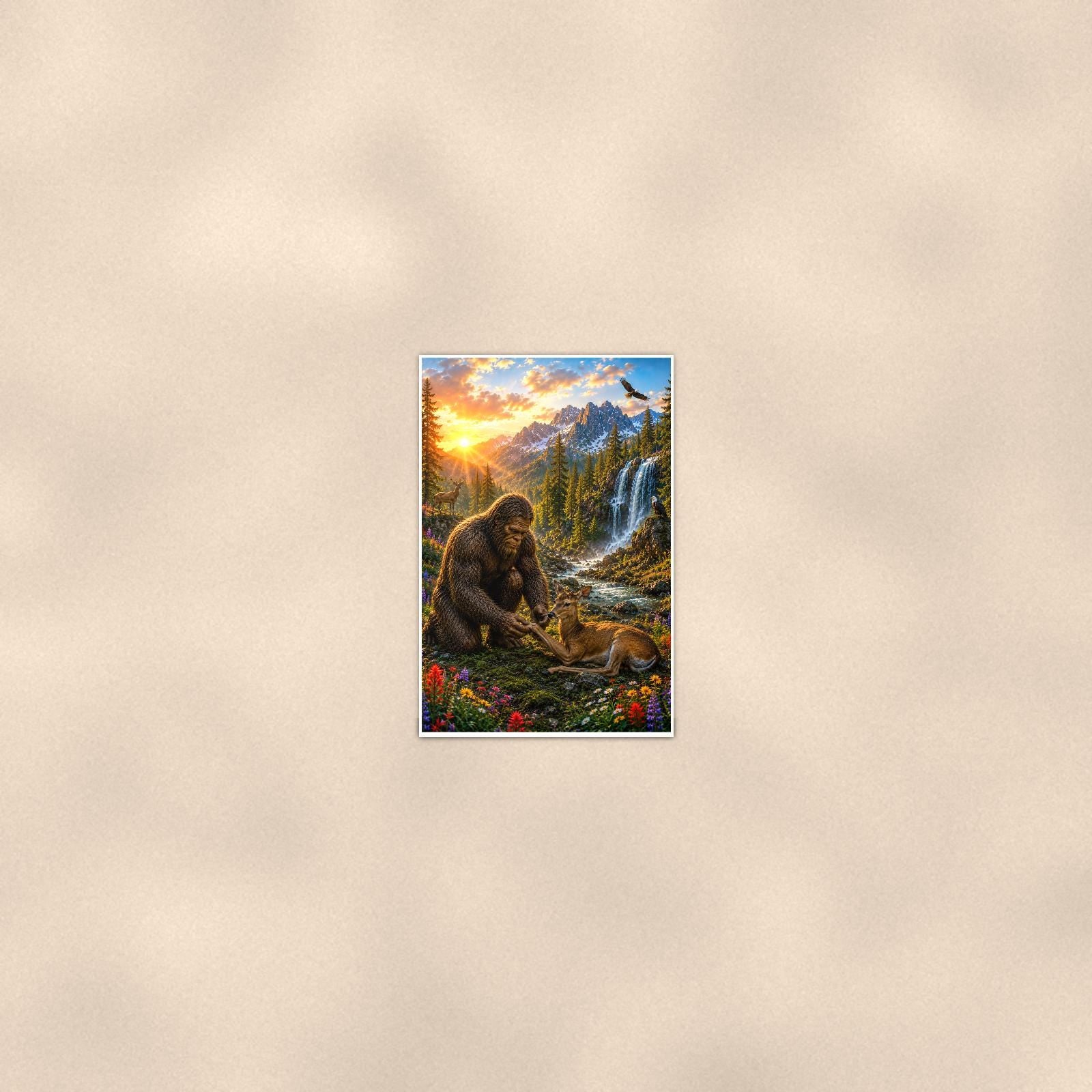 Waterfall Deer Bigfoot — 24x36 in art print poster, premium luster paper with a white border; poster seen from further back, at true 24x36 in scale on a warm wall.