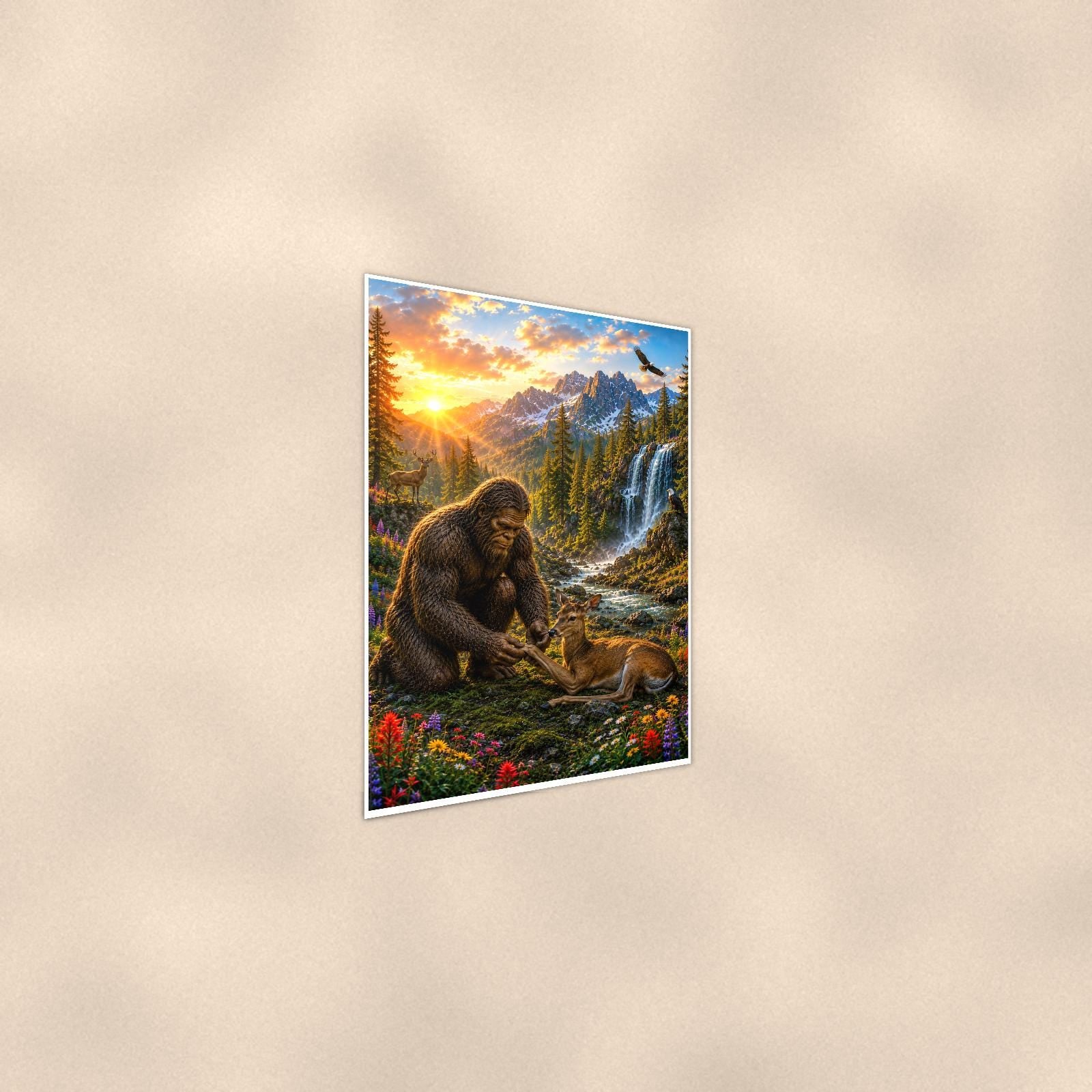 Waterfall Deer Bigfoot — 24x36 in art print poster, premium luster paper with a white border; steeper three-quarter angle on a warm wall, catching the luster sheen.