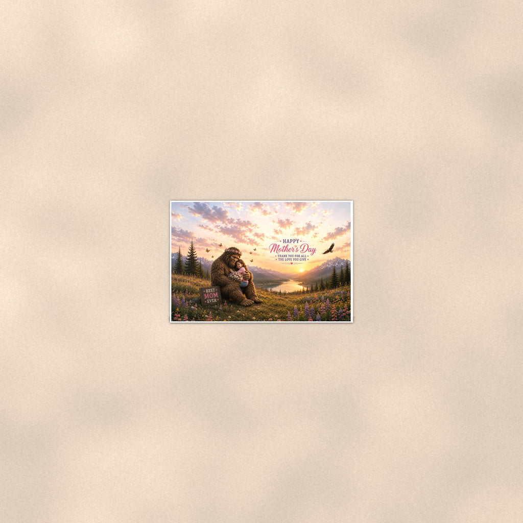 Mother’s Day Bigfoot — 36x24 in art print poster, premium luster paper with a white border; poster seen from further back, at true 24x36 in scale on a warm wall.