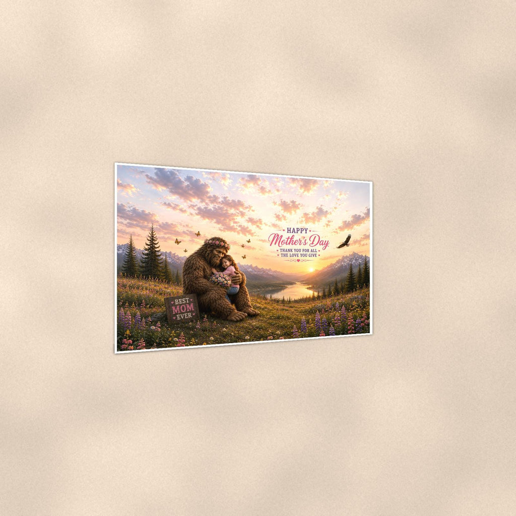 Mother’s Day Bigfoot — 36x24 in art print poster, premium luster paper with a white border; gentle three-quarter angle on a warm wall, showing the flat paper edge.