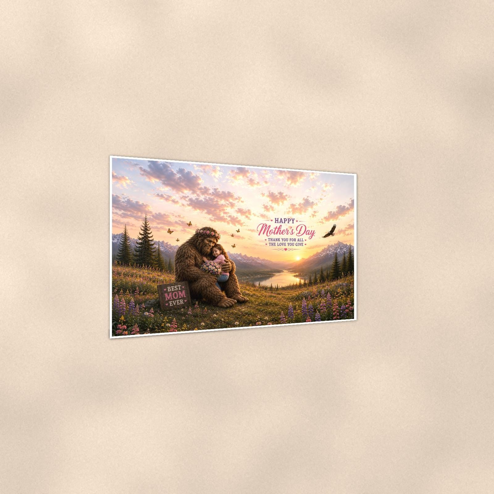 Mother’s Day Bigfoot — 36x24 in art print poster, premium luster paper with a white border; gentle three-quarter angle on a warm wall, showing the flat paper edge.
