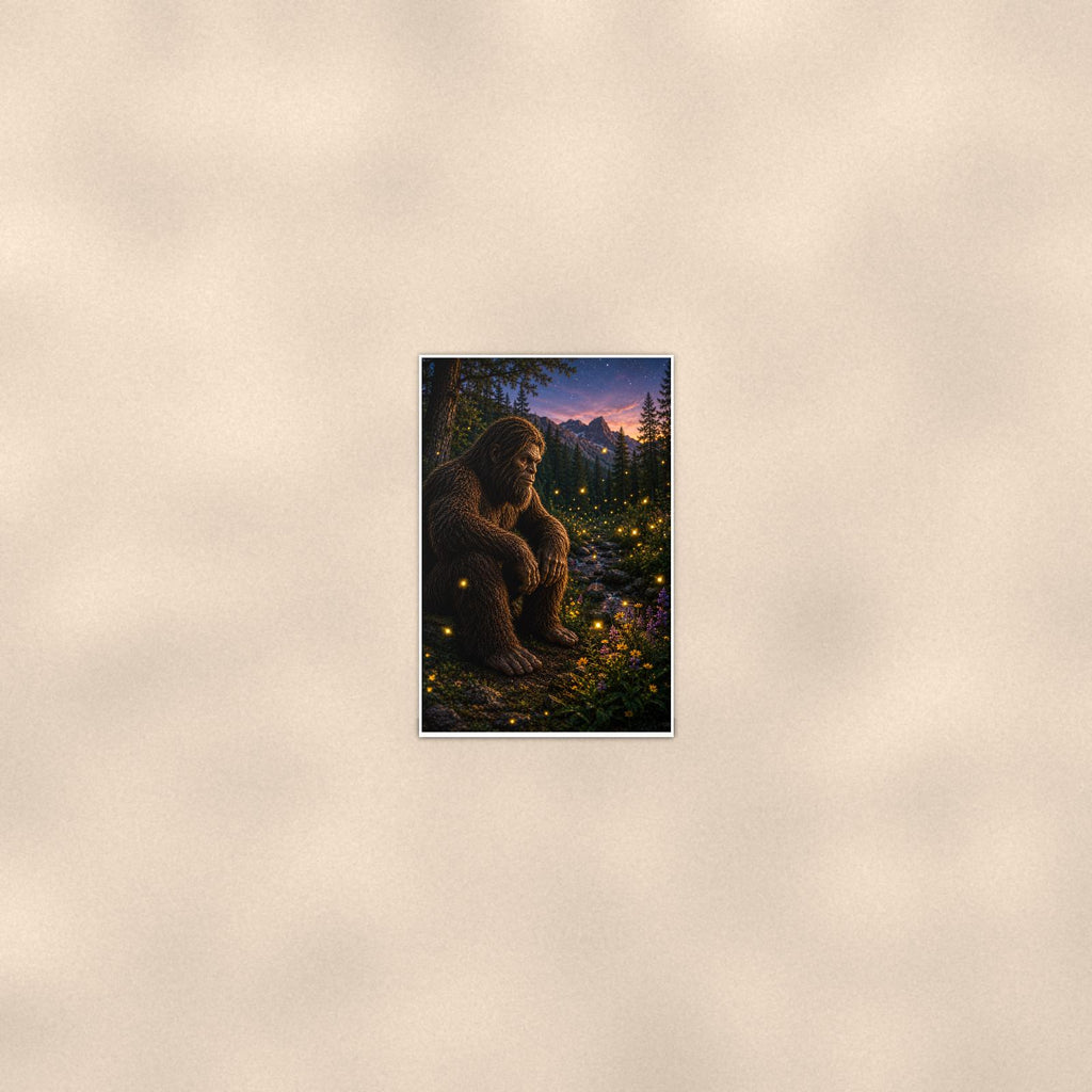 Firefly Night Bigfoot — 24x36 in art print poster, premium luster paper with a white border; poster seen from further back, at true 24x36 in scale on a warm wall.