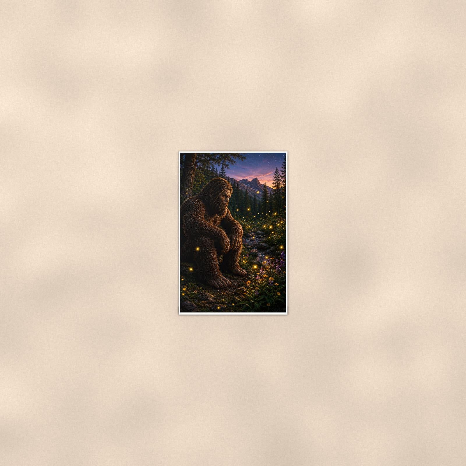 Firefly Night Bigfoot — 24x36 in art print poster, premium luster paper with a white border; poster seen from further back, at true 24x36 in scale on a warm wall.