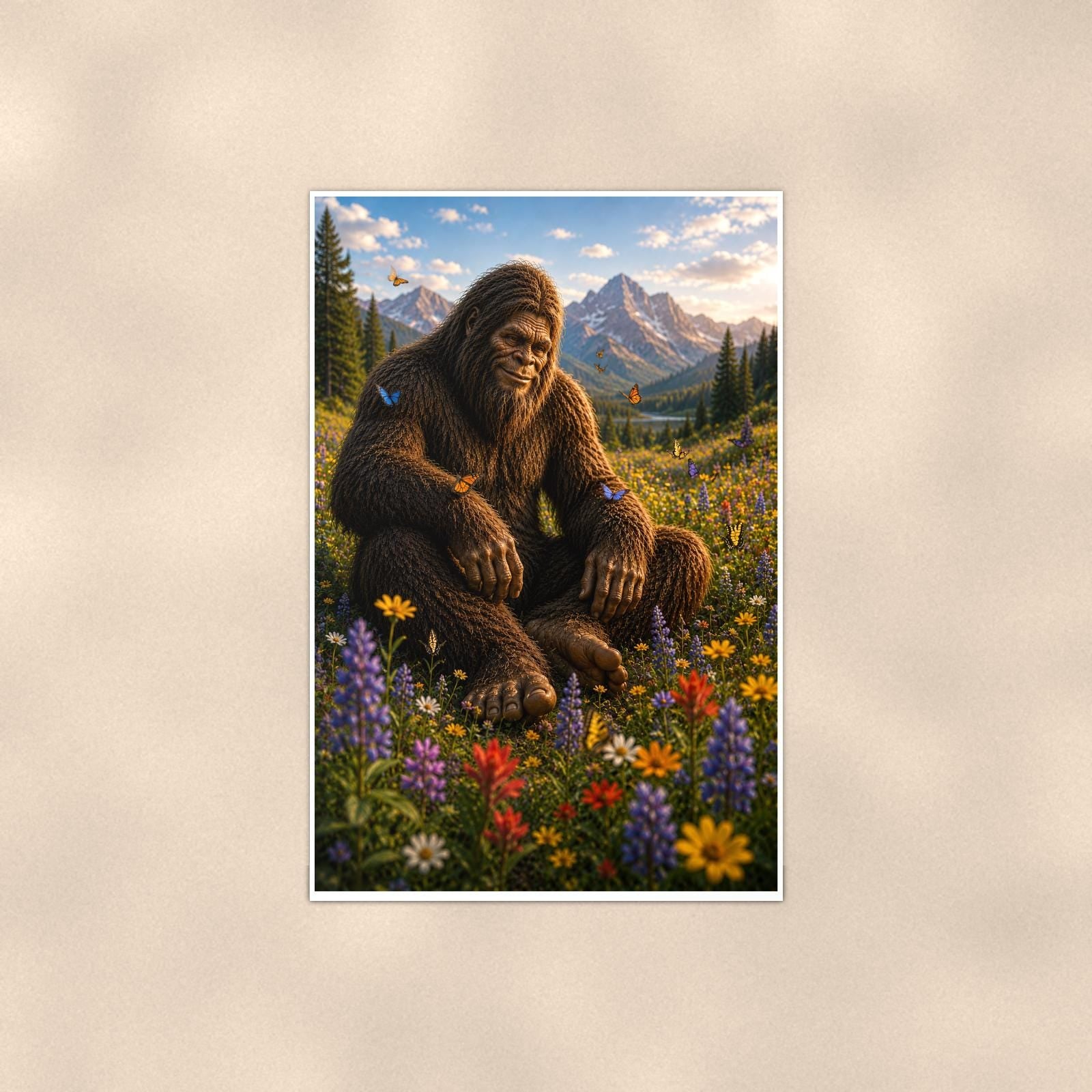 Wildflower Valley Bigfoot — 24x36 in art print poster, premium luster paper with a white border; poster shown straight on against a warm wall.