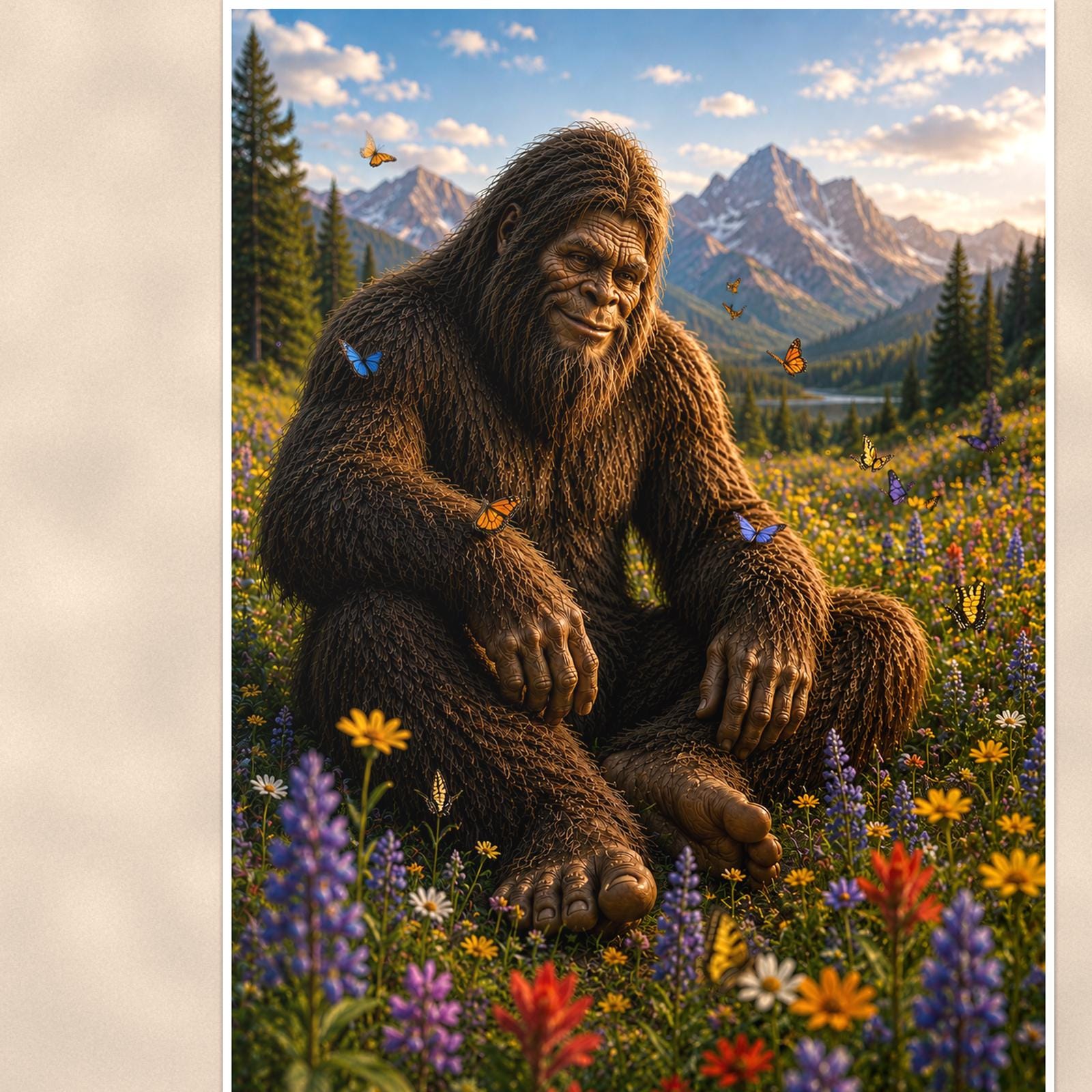 Wildflower Valley Bigfoot — 24x36 in art print poster, premium luster paper with a white border; close-up framed on the main subject of the artwork, paper surface visible.