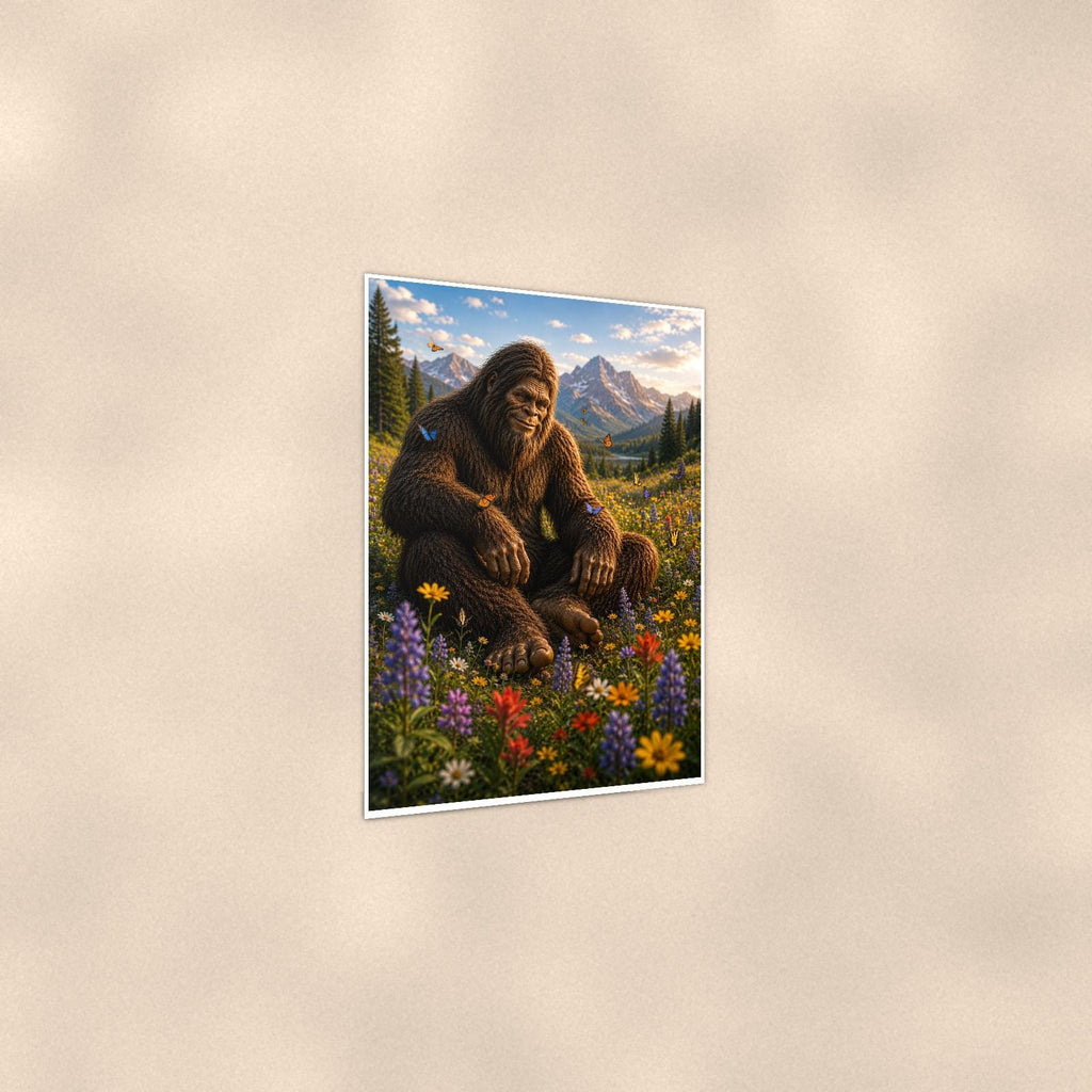 Wildflower Valley Bigfoot — 24x36 in art print poster, premium luster paper with a white border; gentle three-quarter angle on a warm wall, showing the flat paper edge.