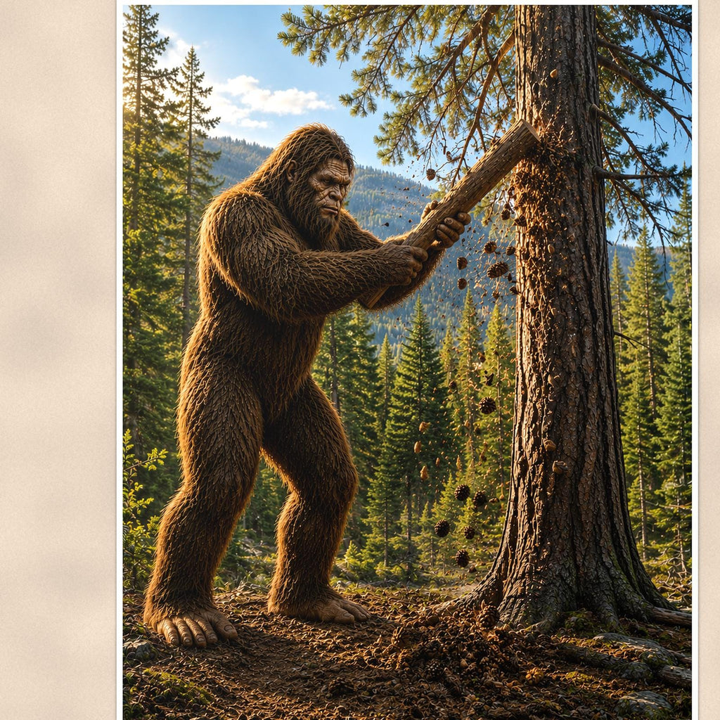 Tree Carver Bigfoot — 24x36 in art print poster, premium luster paper with a white border; close-up framed on the main subject of the artwork, paper surface visible.