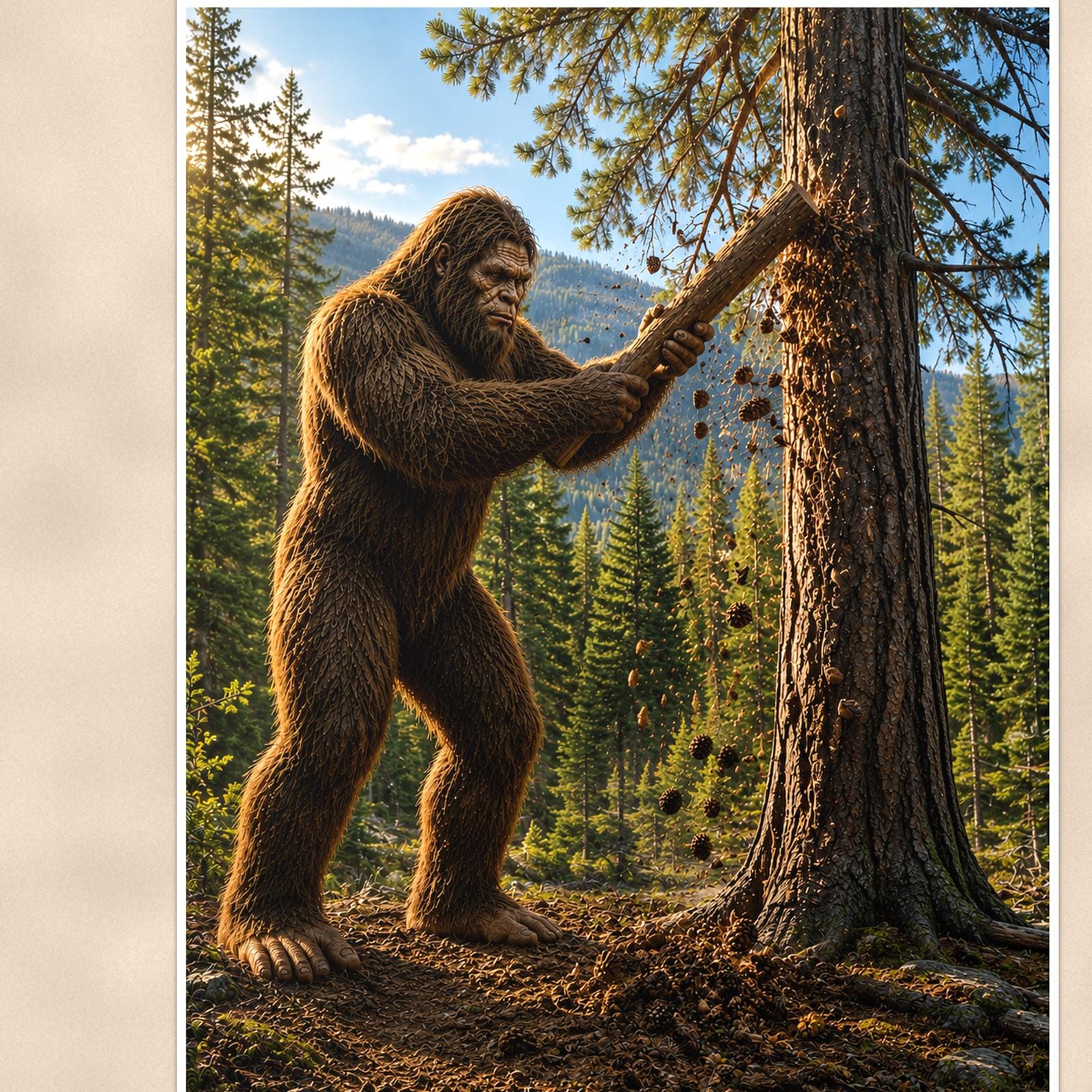 Tree Carver Bigfoot — 24x36 in art print poster, premium luster paper with a white border; close-up framed on the main subject of the artwork, paper surface visible.