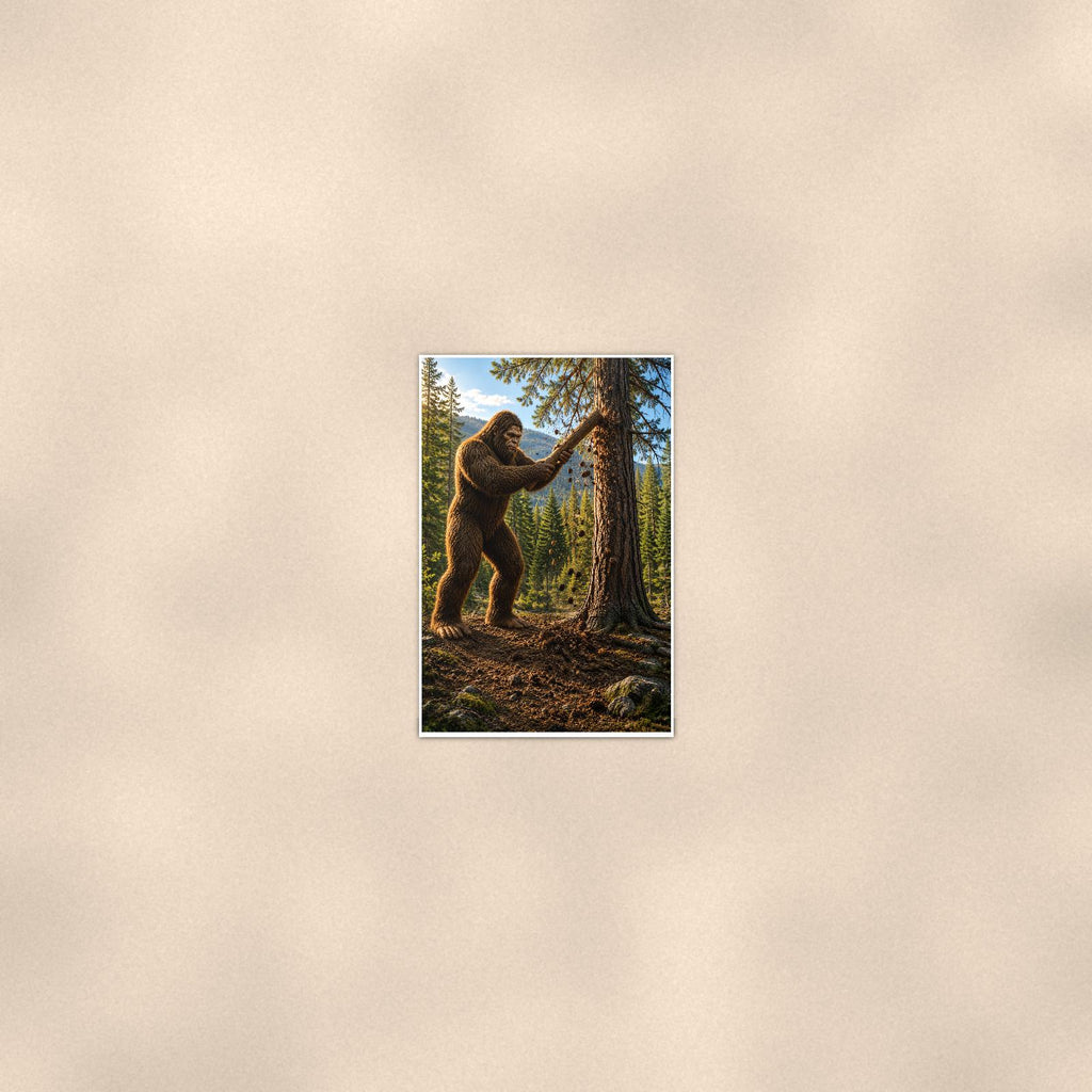 Tree Carver Bigfoot — 24x36 in art print poster, premium luster paper with a white border; poster seen from further back, at true 24x36 in scale on a warm wall.