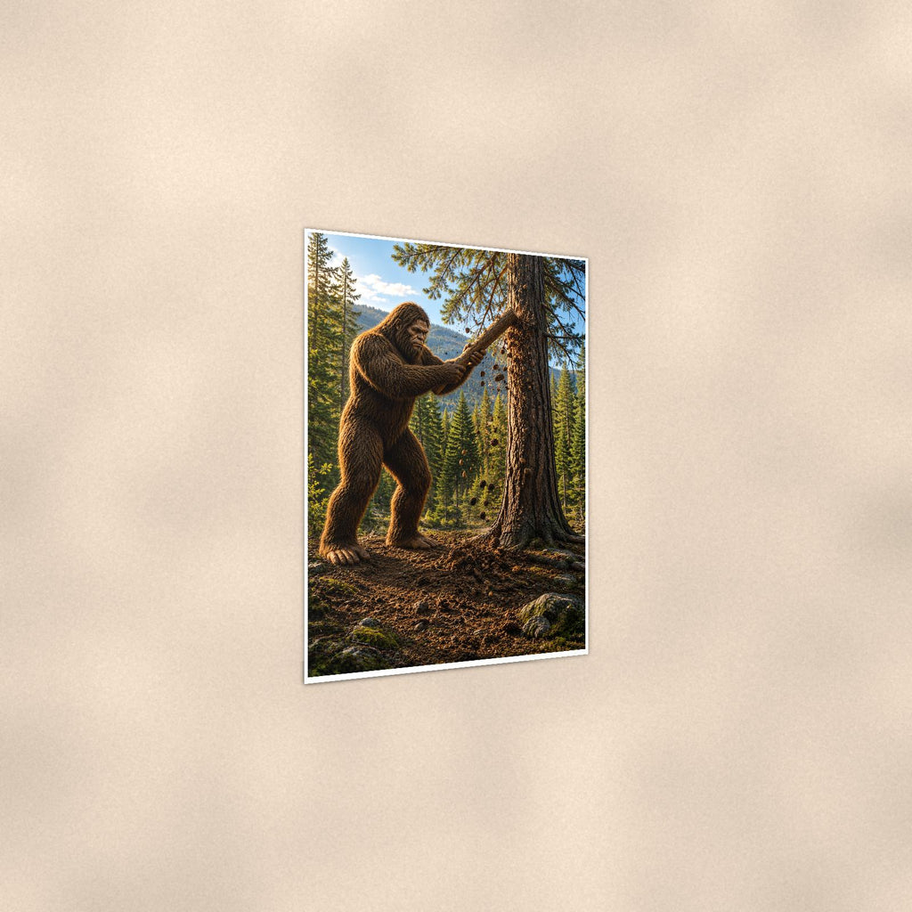 Tree Carver Bigfoot — 24x36 in art print poster, premium luster paper with a white border; gentle three-quarter angle on a warm wall, showing the flat paper edge.