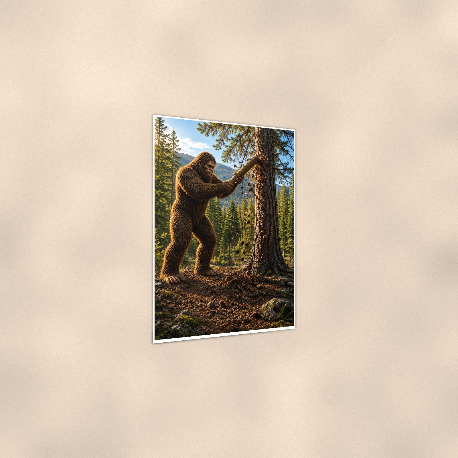 Tree Carver Bigfoot — 24x36 in art print poster, premium luster paper with a white border; gentle three-quarter angle on a warm wall, showing the flat paper edge.