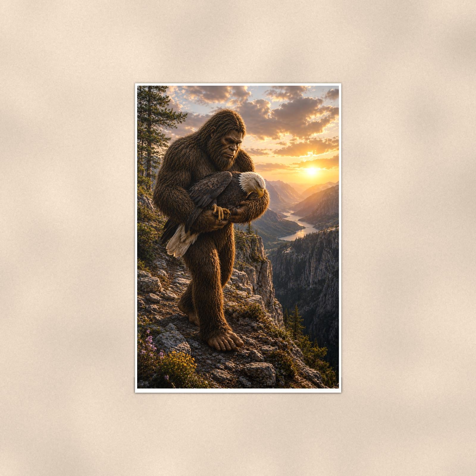 Mountain Climb Bigfoot — 24x36 in art print poster, premium luster paper with a white border; poster shown straight on against a warm wall.