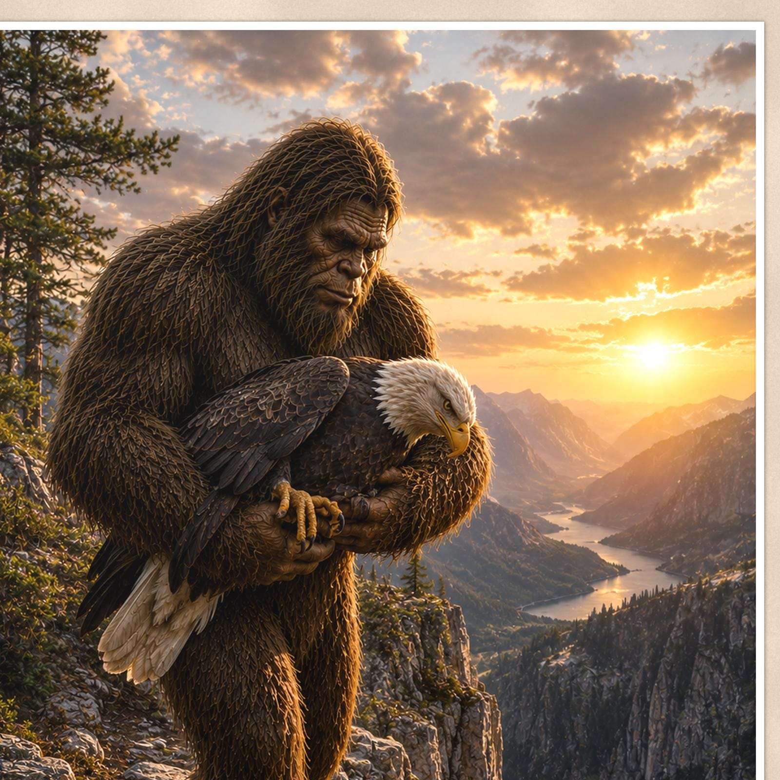 Mountain Climb Bigfoot — 24x36 in art print poster, premium luster paper with a white border; close-up framed on the main subject of the artwork, paper surface visible.