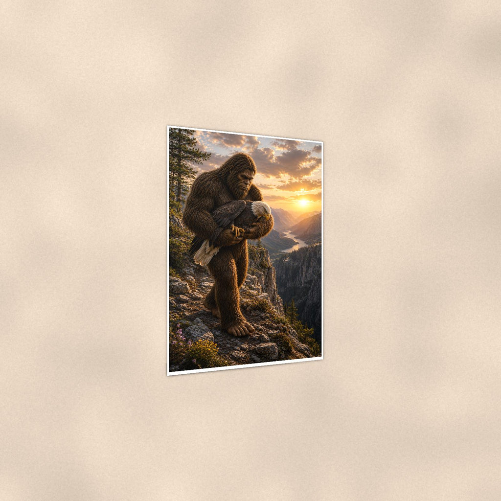 Mountain Climb Bigfoot — 24x36 in art print poster, premium luster paper with a white border; gentle three-quarter angle on a warm wall, showing the flat paper edge.