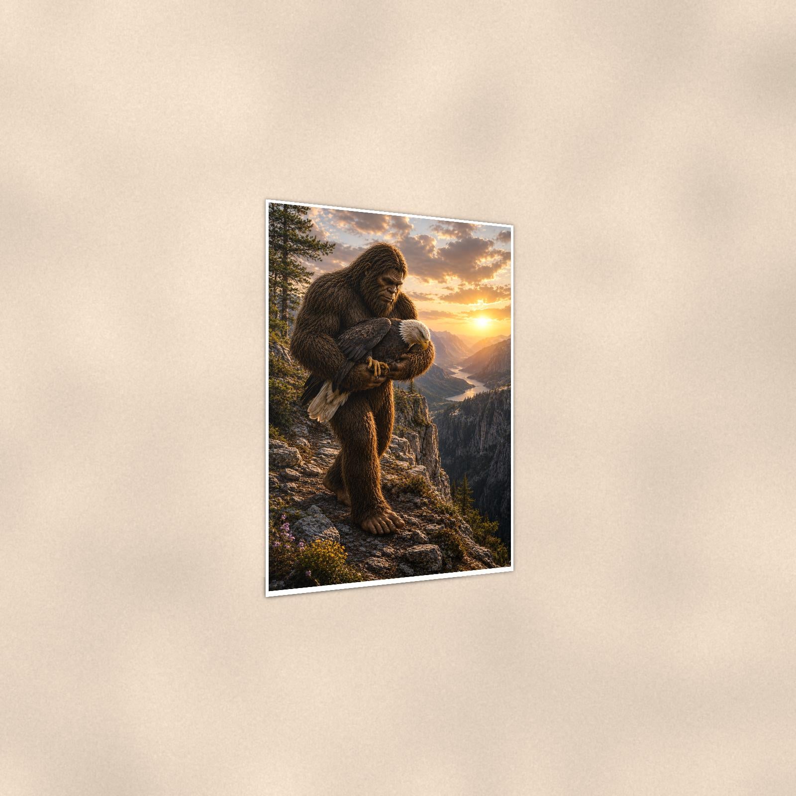 Mountain Climb Bigfoot — 24x36 in art print poster, premium luster paper with a white border; gentle three-quarter angle on a warm wall, showing the flat paper edge.