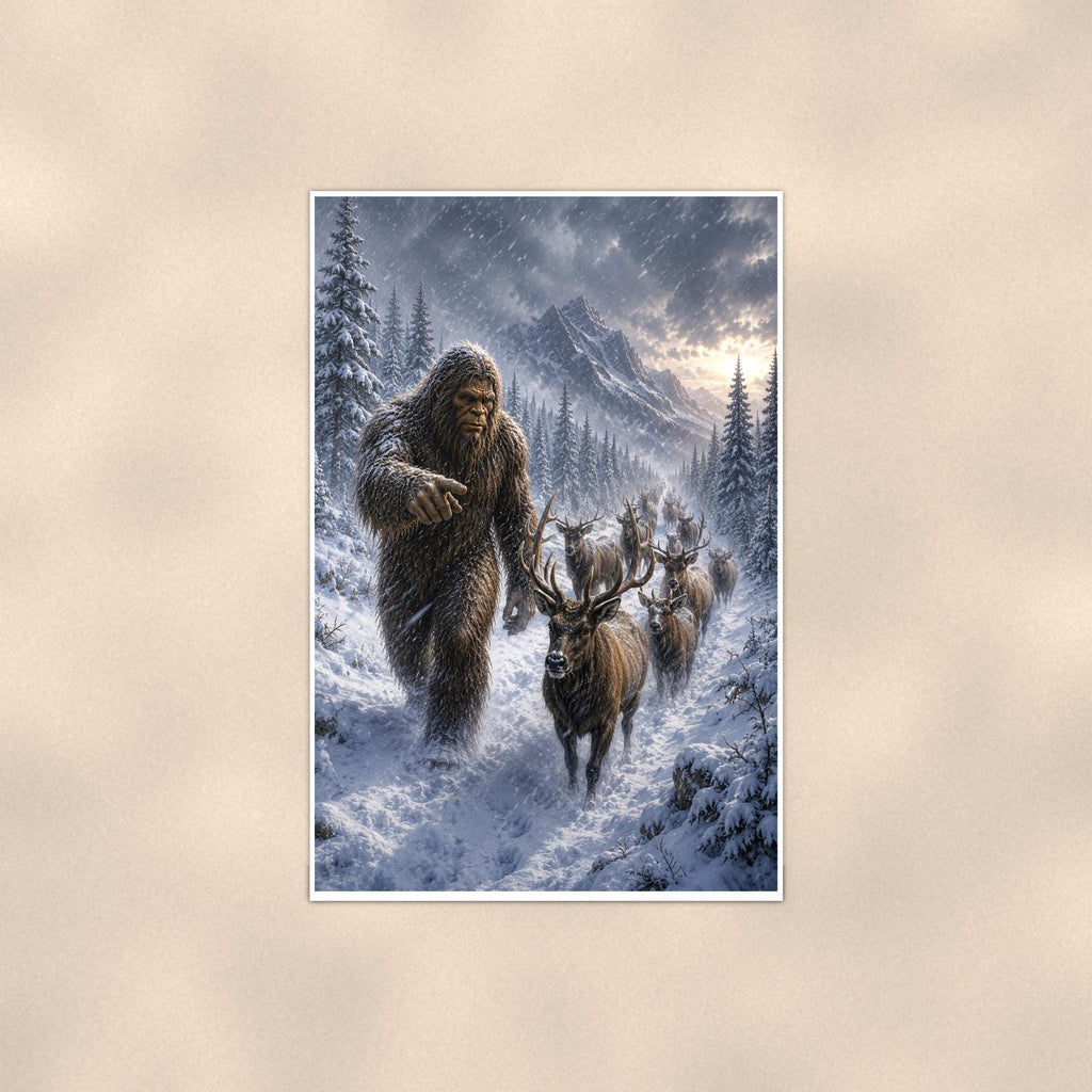 Reindeer Blizzard Bigfoot — 24x36 in art print poster, premium luster paper with a white border; poster shown straight on against a warm wall.
