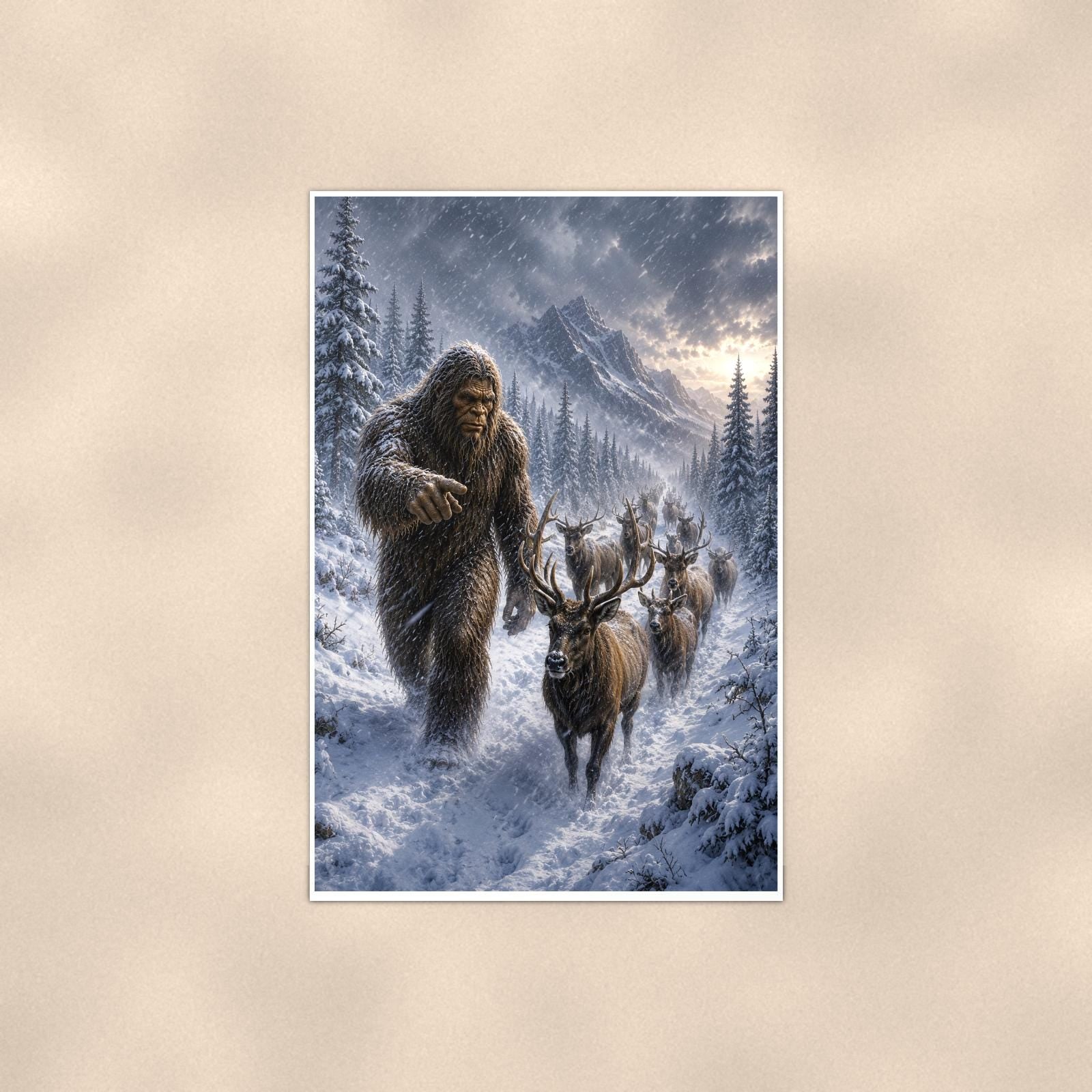 Reindeer Blizzard Bigfoot — 24x36 in art print poster, premium luster paper with a white border; poster shown straight on against a warm wall.