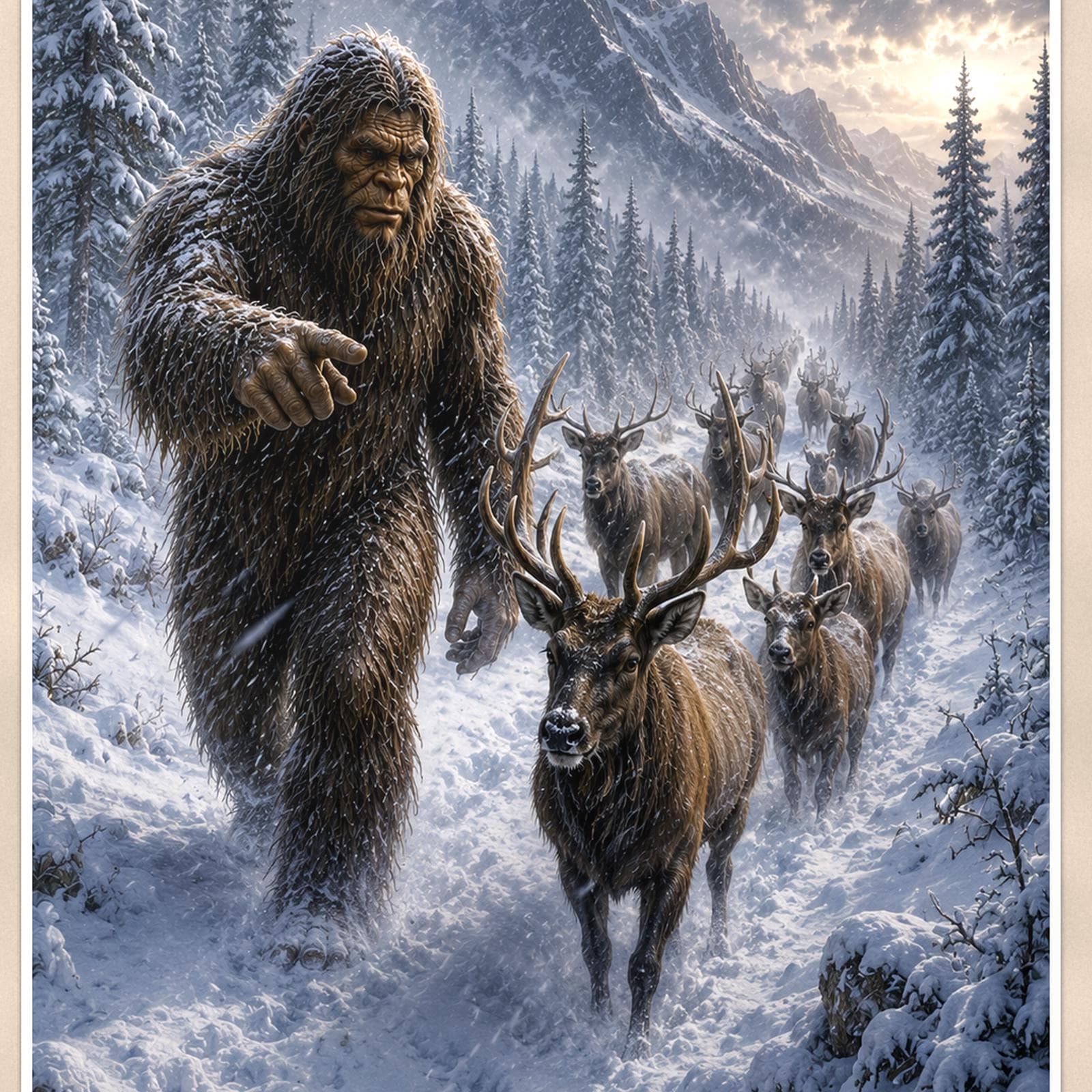 Reindeer Blizzard Bigfoot — 24x36 in art print poster, premium luster paper with a white border; close-up framed on the main subject of the artwork, paper surface visible.